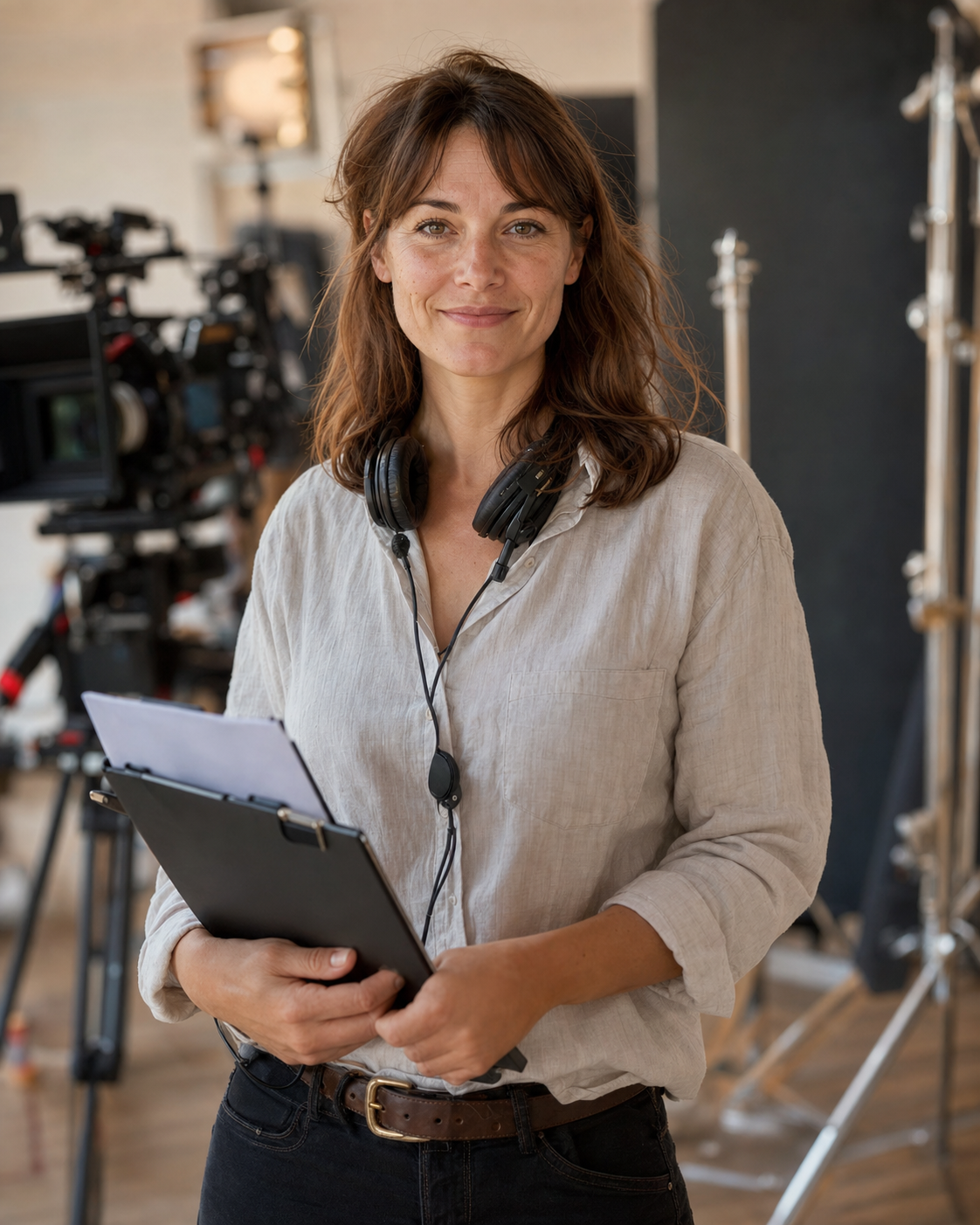 Camille Roussel sur un plateau de tournage avec une feuille de service